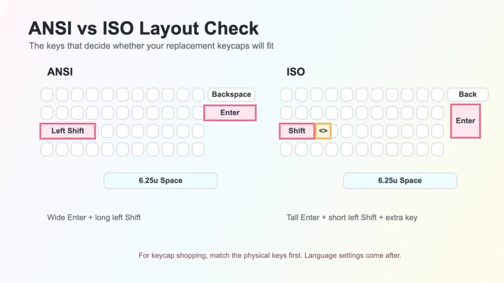 ANSI and ISO keyboard layout comparison showing horizontal ANSI Enter, tall ISO Enter, long ANSI left Shift, short ISO left Shift, and the extra ISO key