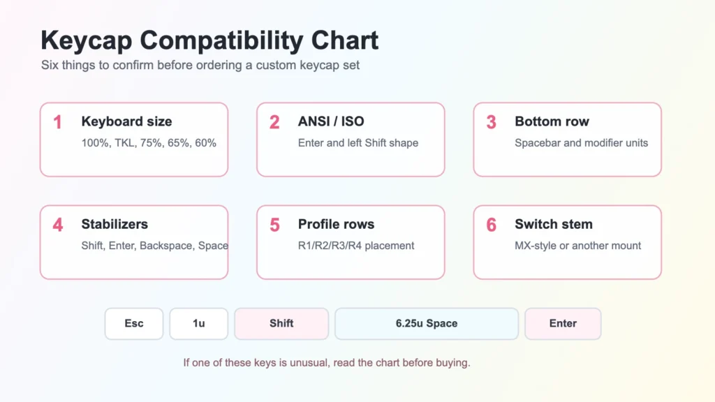 Keycap compatibility chart showing keyboard size, ANSI or ISO layout, bottom row, stabilizer keys, row profile, and extra keys to check before buying
