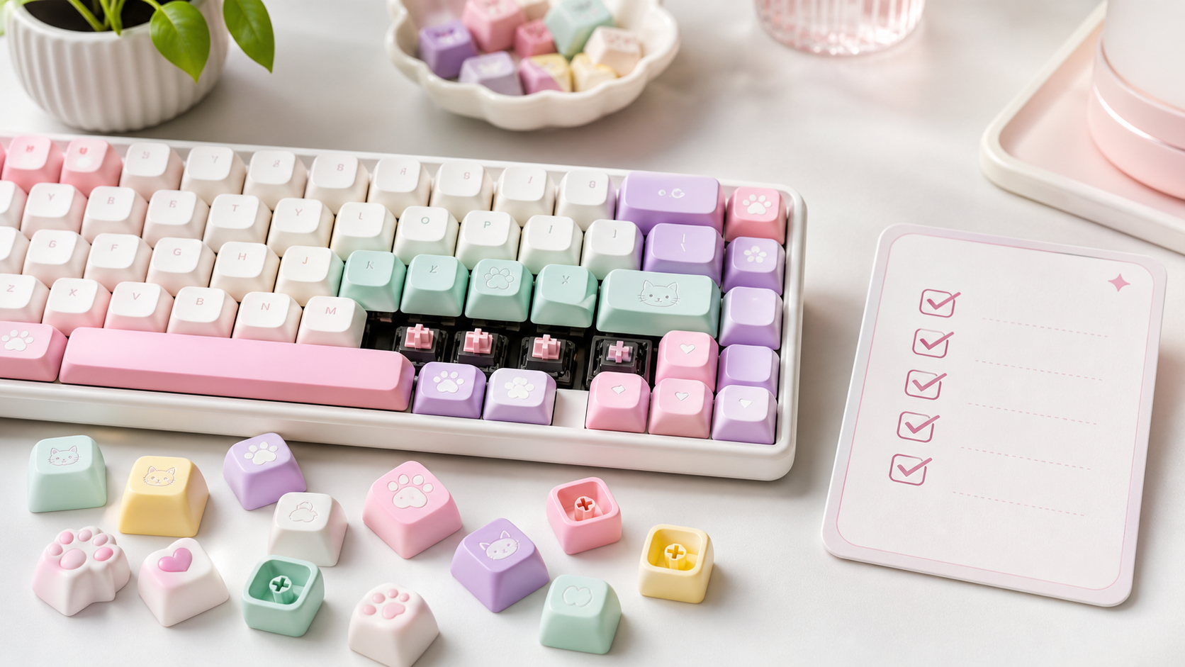 Pastel mechanical keyboard and loose keycaps beside a pre-order checklist
