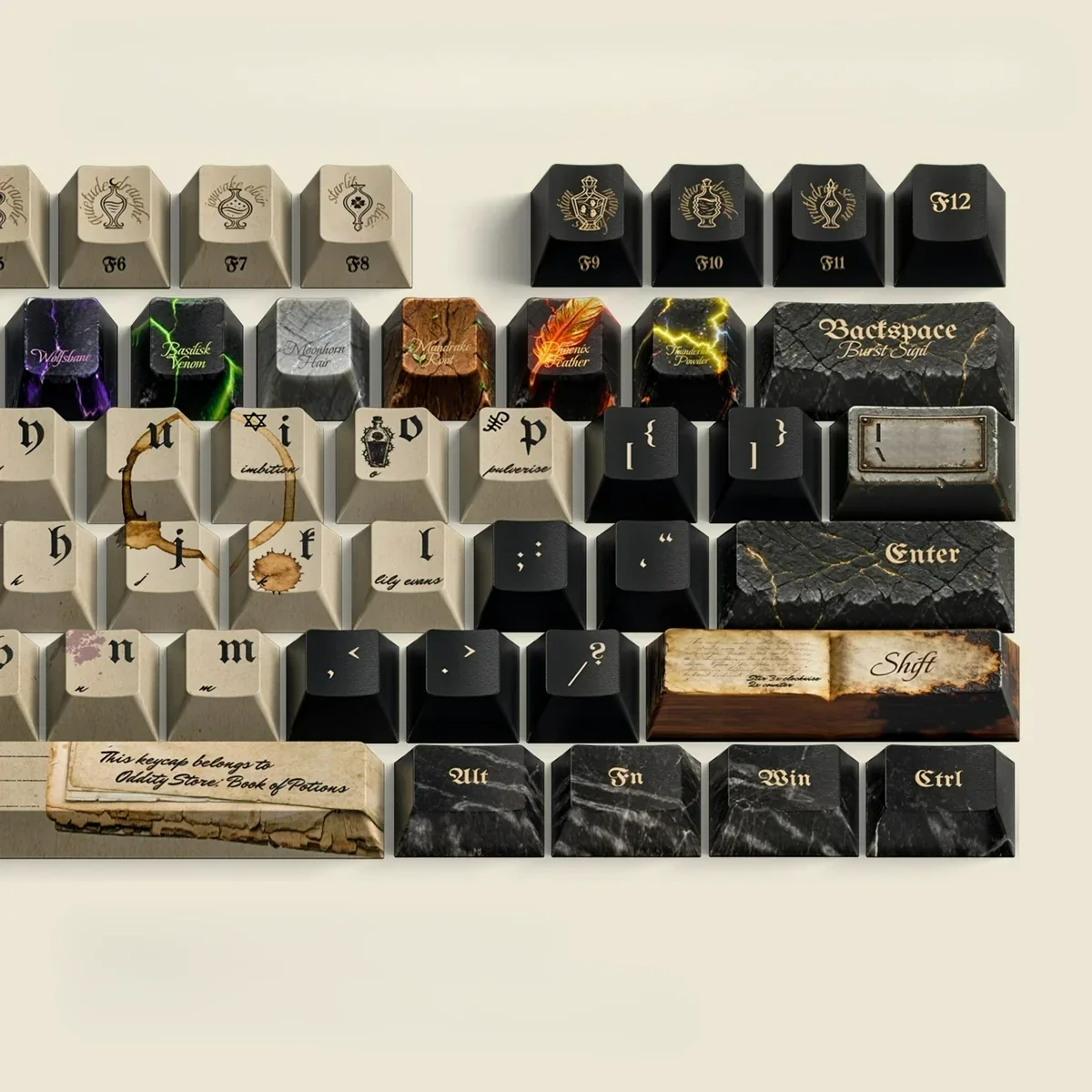 Detailed gallery views of the Book of Potions Magic Keycap Set, displaying mystical alchemical symbols and ancient lore, embodying its exclusive arcade.