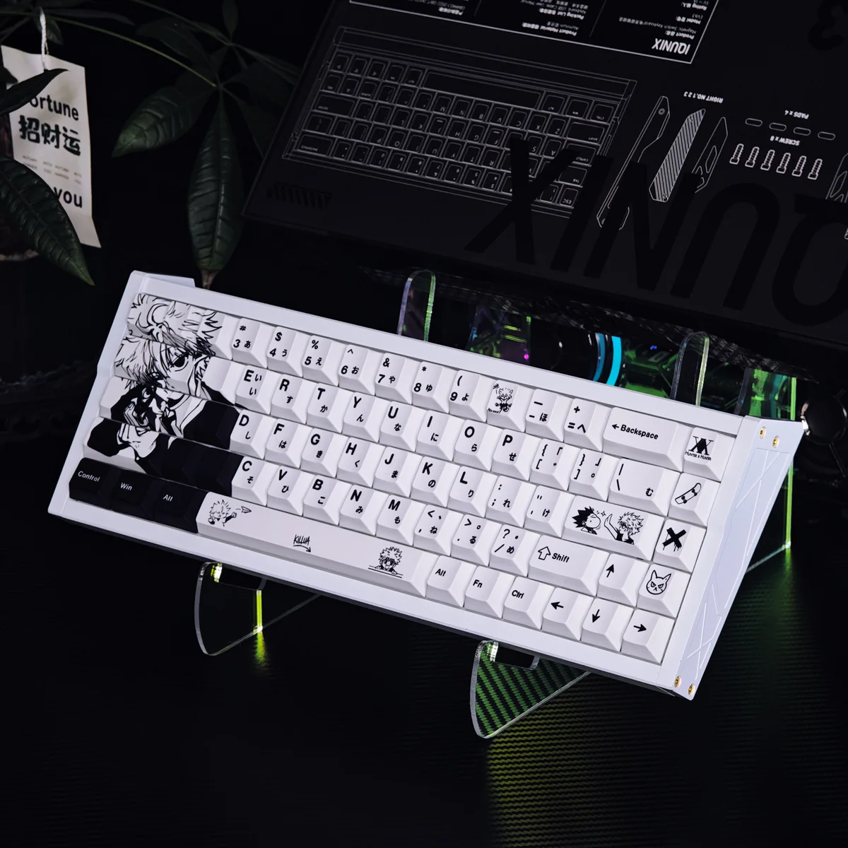 Iconic Hunter x Hunter Killua PBT keycaps. Vibrant Zoldyck art with five-sided dye-sublimation from an artistic angle.