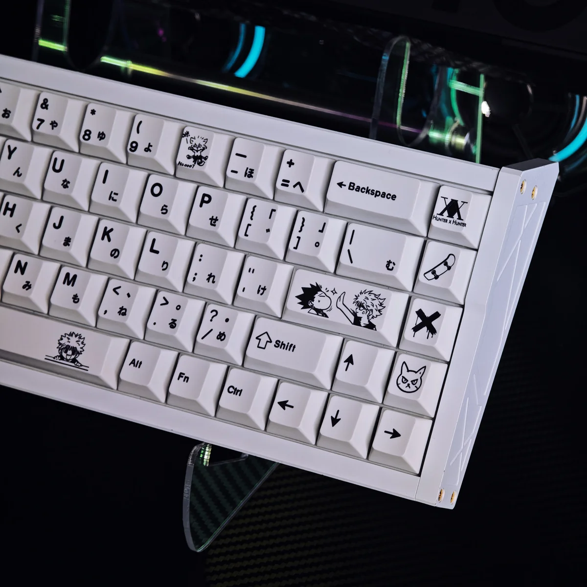 Iconic Hunter x Hunter Killua PBT keycap set. Vibrant, detailed Killua Zoldyck art and symbols, premium five-sided dye-sublimation.