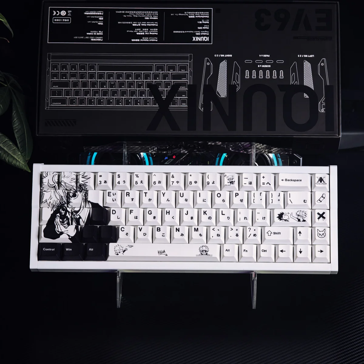 Main image of the iconic Hunter x Hunter Killua PBT keycap set, displaying vibrant Zoldyck art and symbols with premium dye-sublimation.
