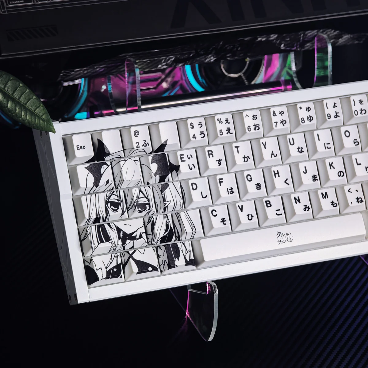 Exclusive Krul Tepes PBT dye-sub keycaps displayed from multiple angles, emphasizing their dark elegance, regal anime art, and rich thematic colors.