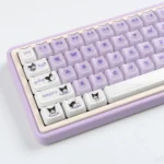 Crystal jelly Kuromi keycap set, showing its mischievous RGB glow from various angles for your keyboard.