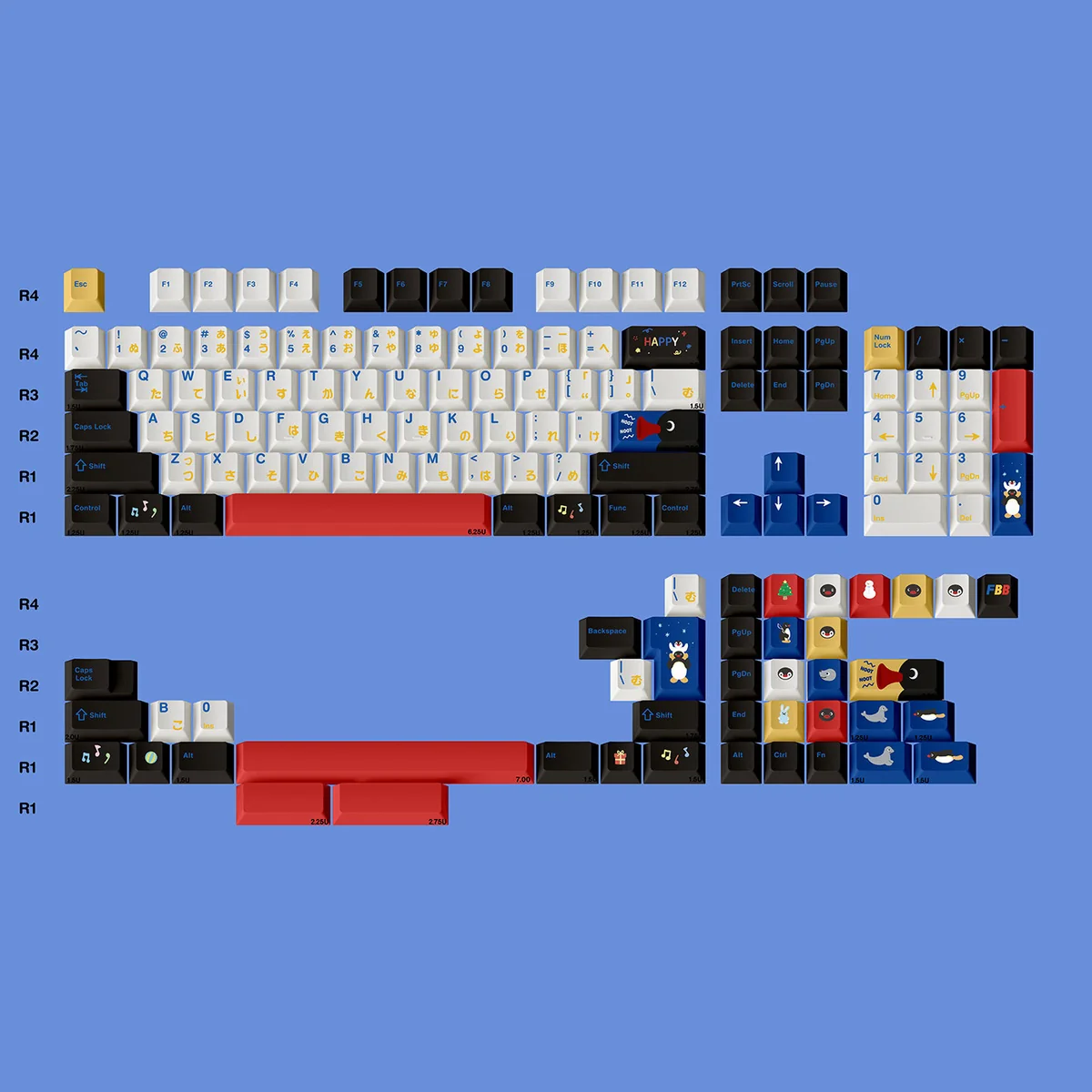 Charming Pingu keycaps set, premium PBT dye-sub, shown from various angles. Features exclusive Pingu IP and whimsical arctic Japanese aesthetics.