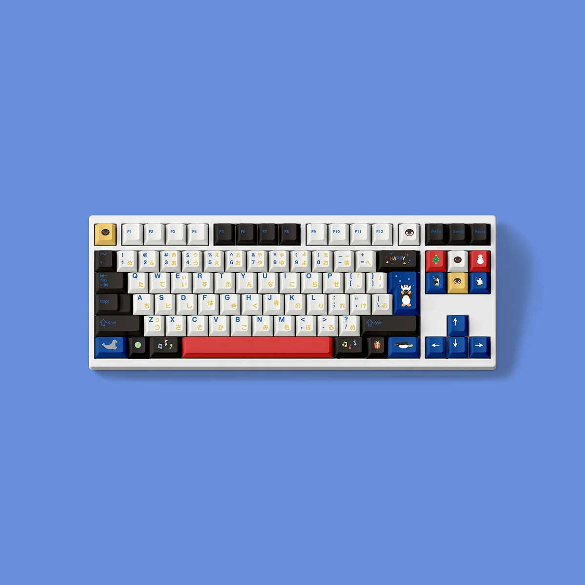 Detailed view of the charming Pingu keycaps, highlighting the premium PBT dye-sublimation and exclusive Pingu IP with playful arctic character design.