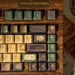 Magic Herbology PBT keycaps set, from a unique angle, display botanical illustrations, mystical greenhouse elements, and earthy tones.