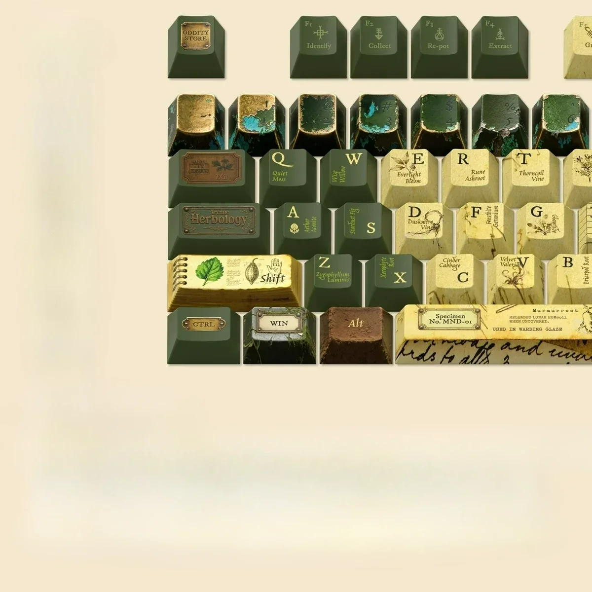 Enchanting Magic Herbology PBT Keycap Set, showing detailed botanical, mystical greenhouse, and alchemical designs from multiple angles.