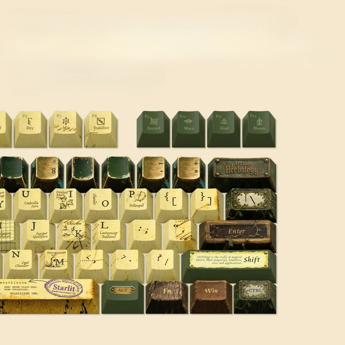 Enchanting Magic Herbology PBT Keycap Set, detailed. Mystical botanical art, alchemical symbols, and earthy tones capture the enchanted greenhouse design.