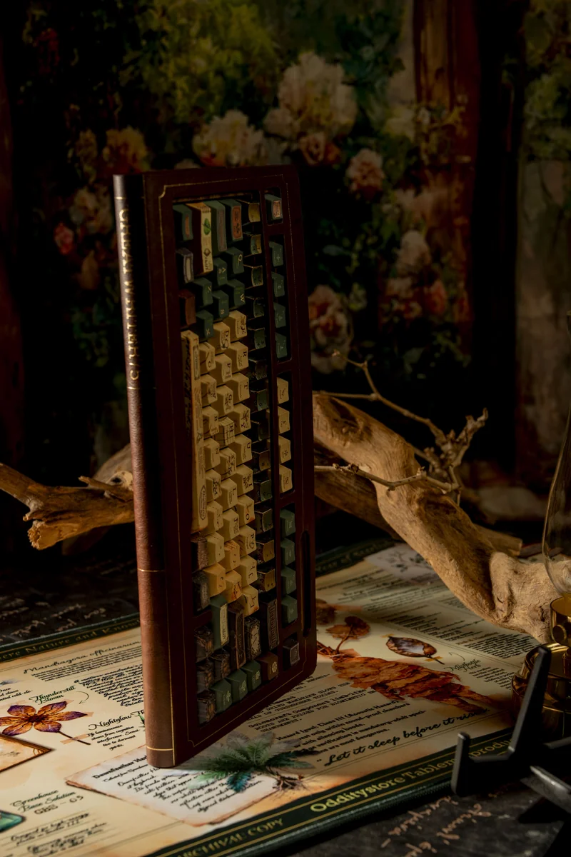 Enchanting Magic Herbology PBT Keycap Set, revealing mystical botanical art and alchemical symbols, creating an enchanted greenhouse aesthetic.