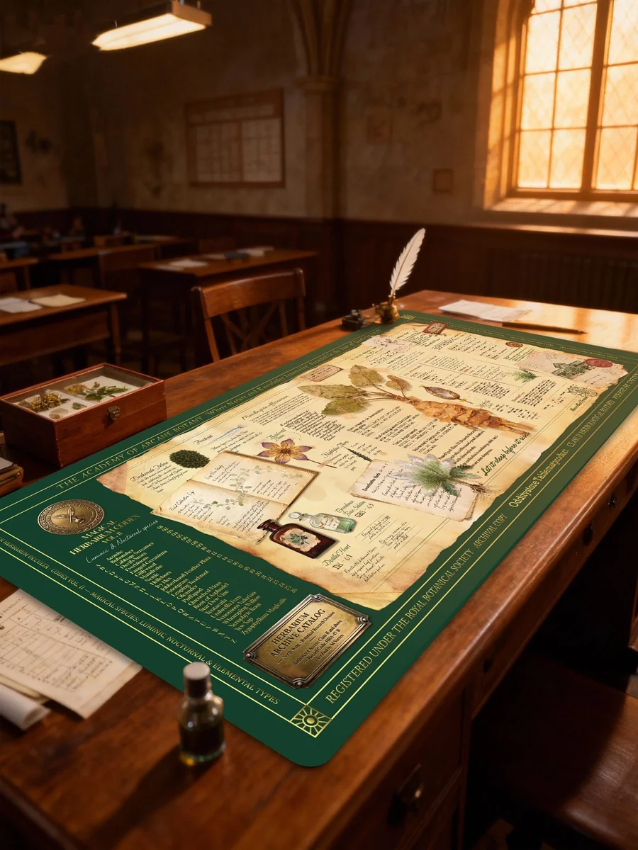 An artistic side view of the unique Magical Herbalism Desk Mat, highlighting the magical herbalism designs and enchanting earthy color palette.