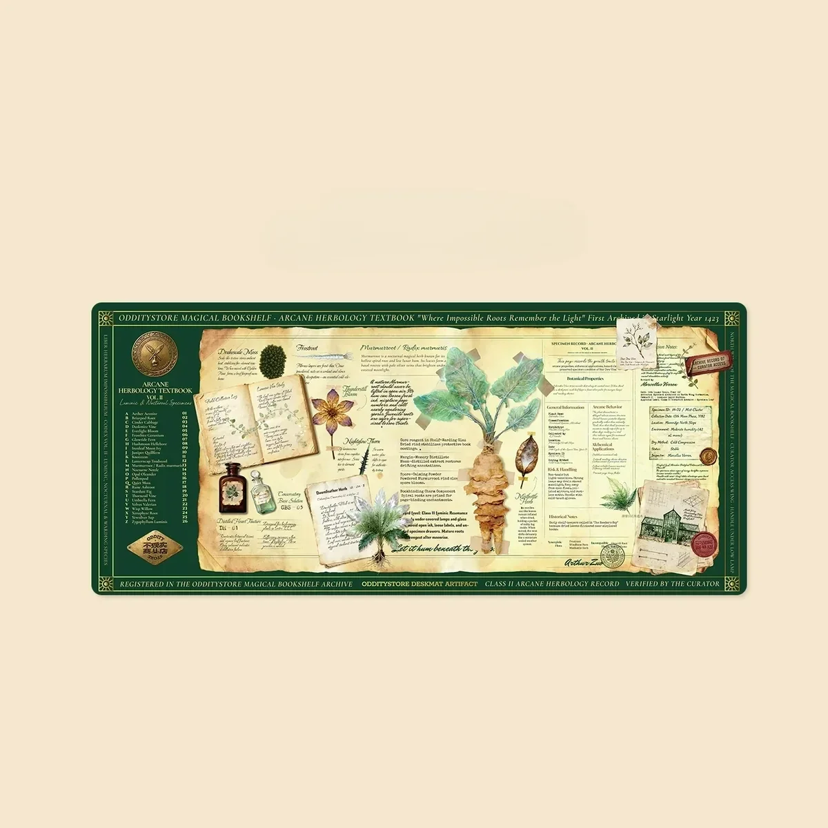 Detailed view of the unique dye-sublimated Magical Herbalism Desk Mat, revealing mystical botanical illustrations and an enchanting, earthy-magical color palette.