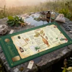Unique dye-sublimated Magical Herbalism Desk Mat, showcasing enchanting botanical illustrations and mystical symbols in an artistic, earthy-magical color palette.