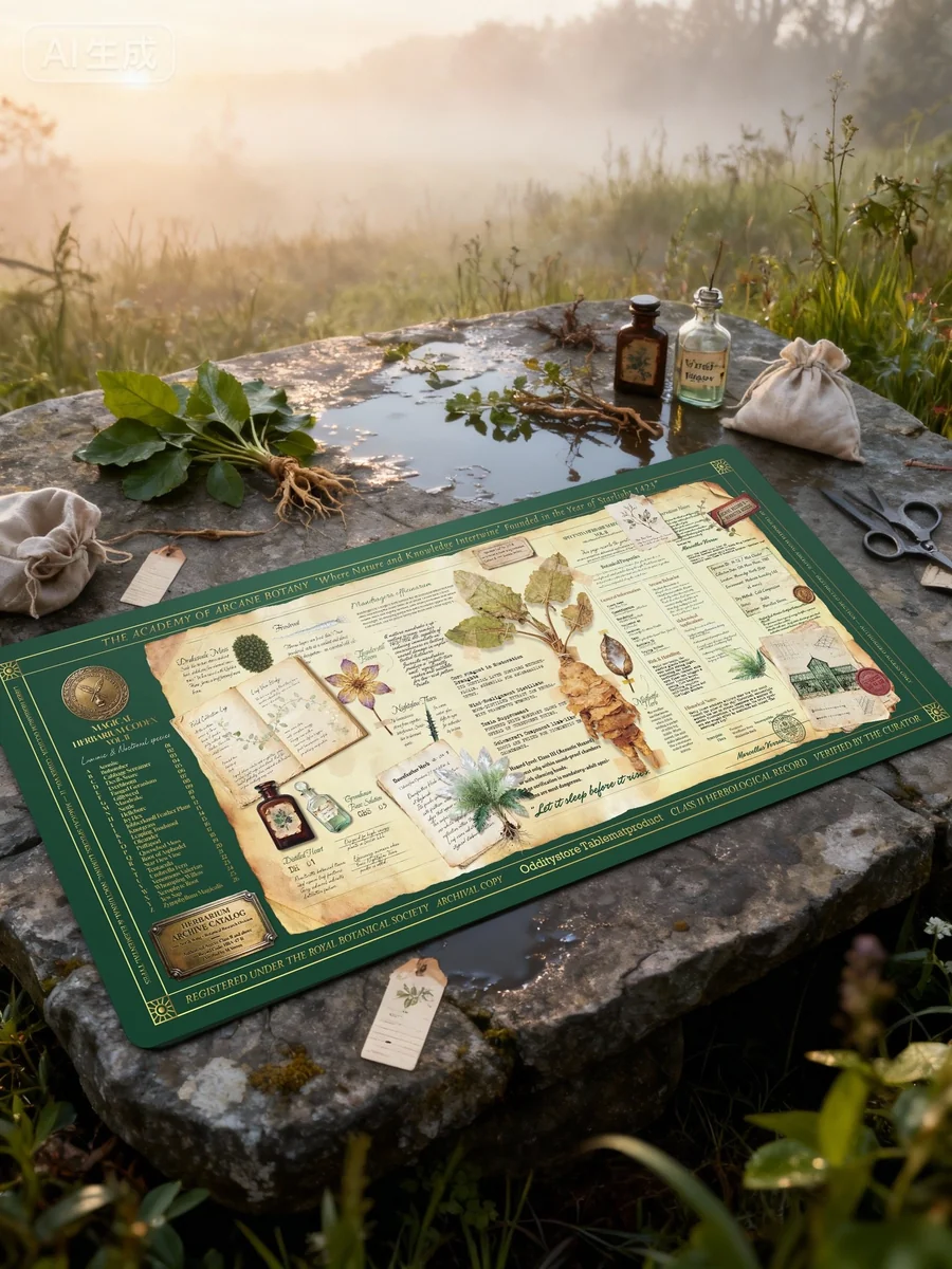 Unique dye-sublimated Magical Herbalism Desk Mat, showcasing enchanting botanical illustrations and mystical symbols in an artistic, earthy-magical color palette.