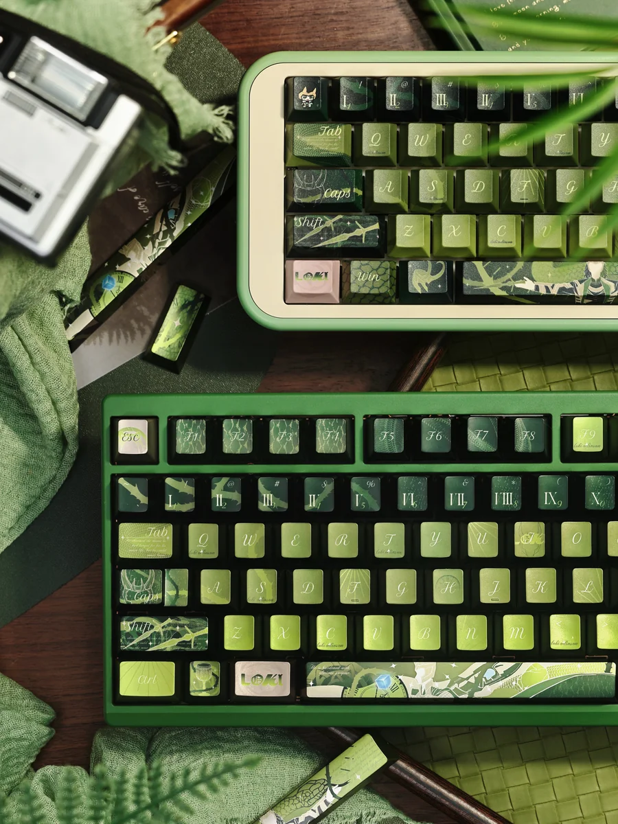 Detailed view of the premium Marvel Loki Keycap, showcasing its regal green and gold finish from a unique angle, embodying mischievous elegance.