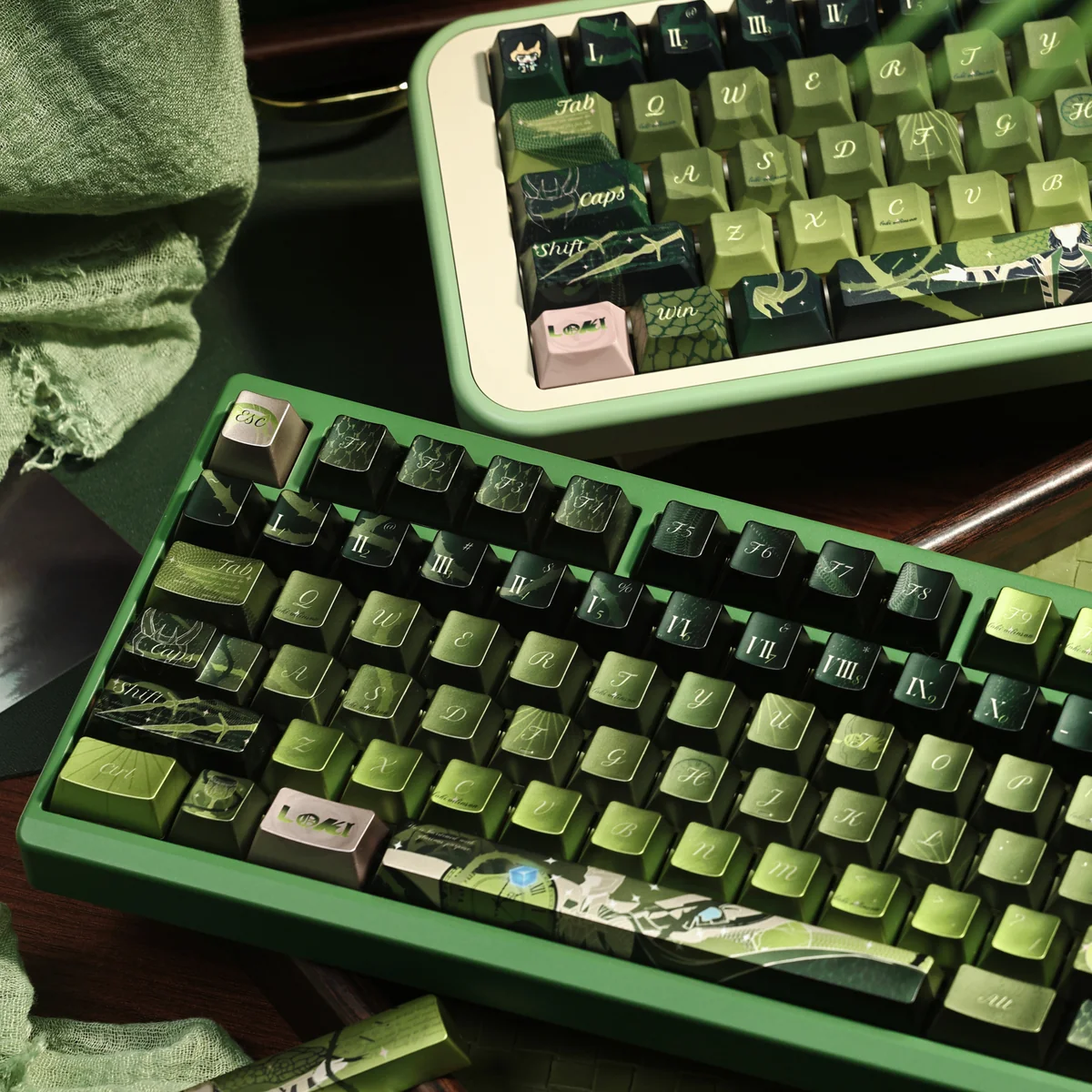 Close-up of the Marvel Loki Metal Artisan Keycap, showcasing its premium green and gold finish from a unique angle, highlighting the mischievous elegance.