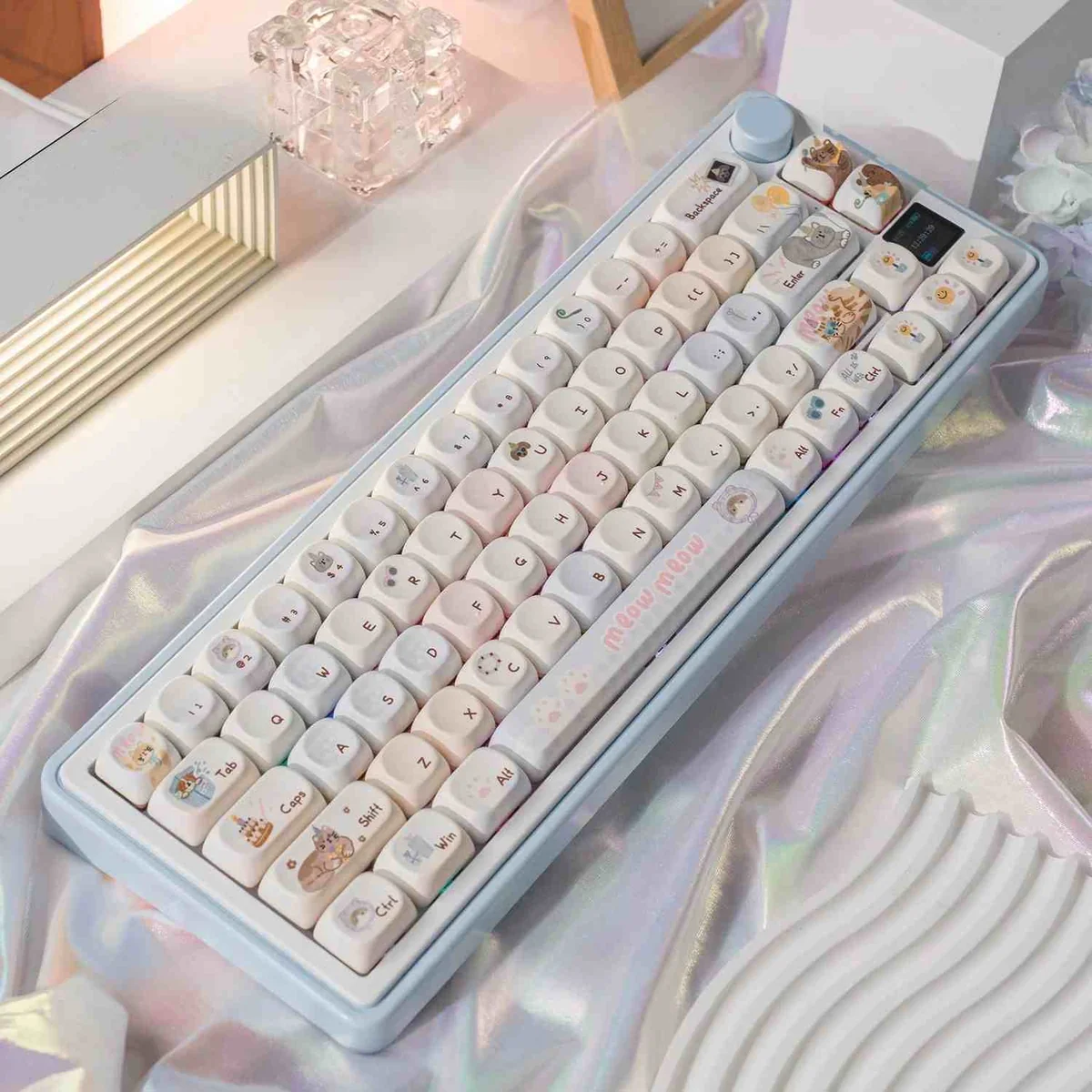 Playful PBT dye-sub keycap from the Meow-Woof Paradise Keycaps set, with a whimsical cat in vibrant pastel hues. Charming pet-themed keyboard accent.