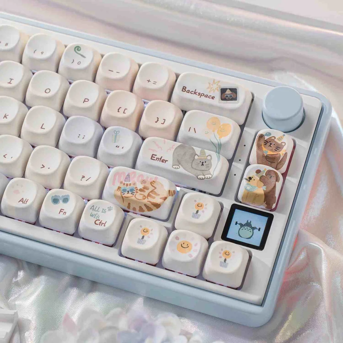 Meow-Woof Paradise PBT dye-sub keycap set with whimsical illustrations in vibrant pastels, shown from multiple angles.