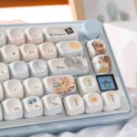 Detailed view of Meow-Woof Paradise PBT Dye-Sub keycaps, featuring whimsical pet illustrations in vibrant pastel colors.