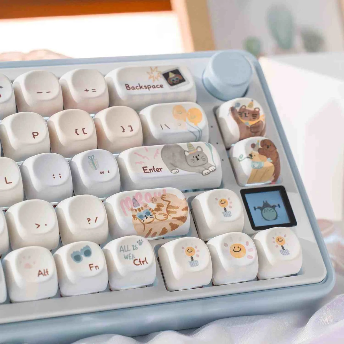 Detailed view of Meow-Woof Paradise PBT Dye-Sub keycaps, featuring whimsical pet illustrations in vibrant pastel colors.