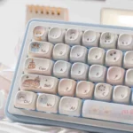 A charming pet-themed Meow-Woof Paradise PBT dye-sub keycap set, showcasing whimsical pastel illustrations of playful cats and dogs from a delightful angles.