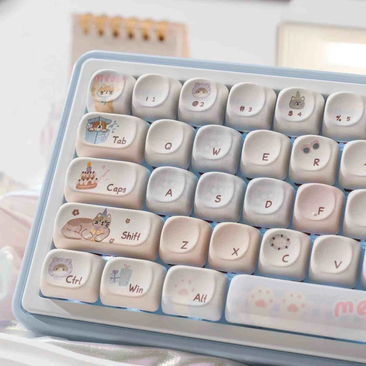 A charming pet-themed Meow-Woof Paradise PBT dye-sub keycap set, showcasing whimsical pastel illustrations of playful cats and dogs from a delightful angles.