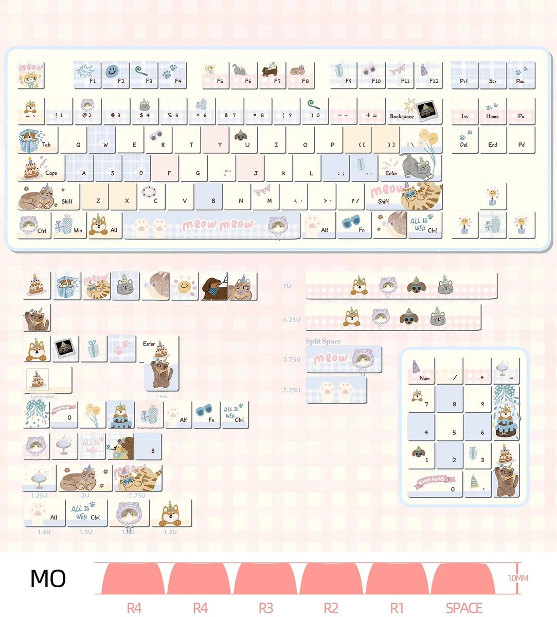 Meow-Woof Paradise Keycaps PBT dye-sub set showcasing whimsical pet illustrations in vibrant pastel colors. High-quality keycaps from various angles.