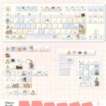 Meow-Woof Paradise PBT dye-sub keycaps, boxed. Whimsical pastel pet illustrations create a 'Meow Woof Paradise' for a playful keyboard.