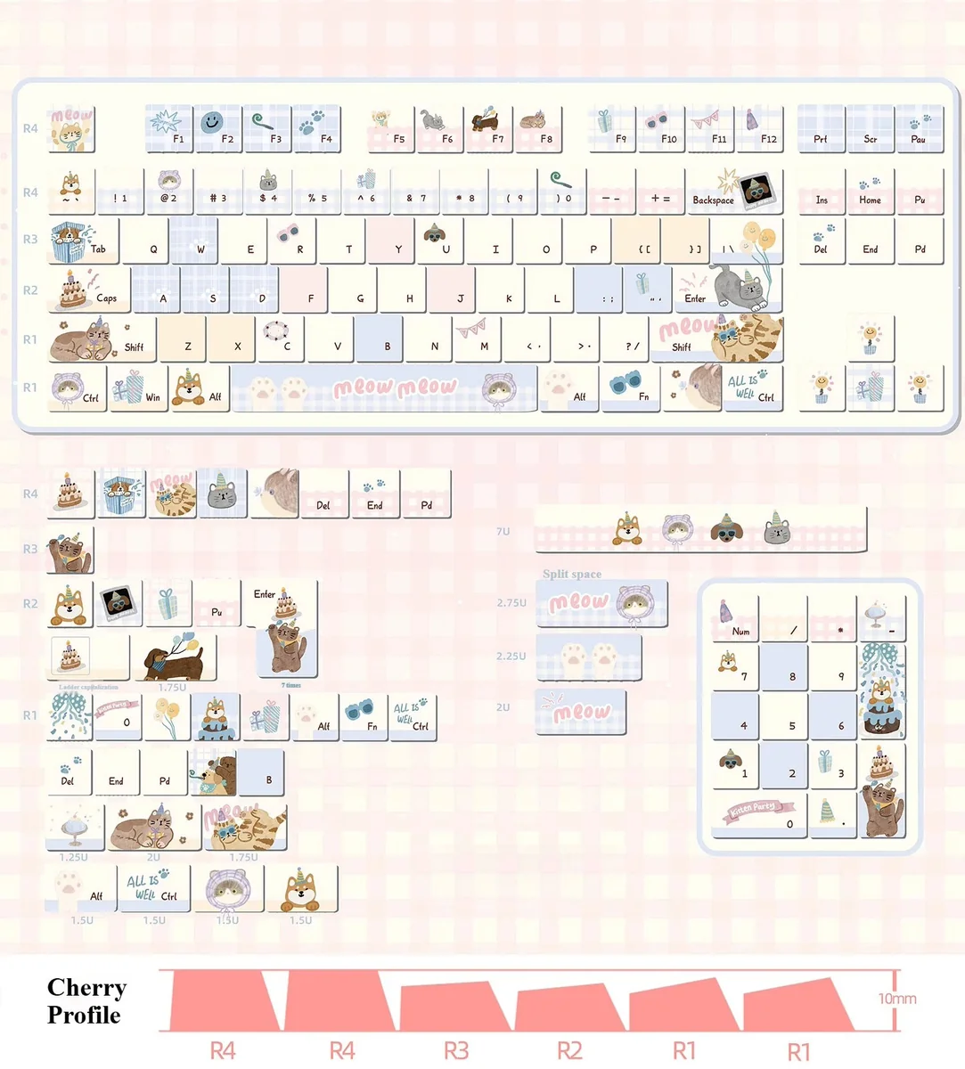 Meow-Woof Paradise PBT dye-sub keycaps, boxed. Whimsical pastel pet illustrations create a 'Meow Woof Paradise' for a playful keyboard.