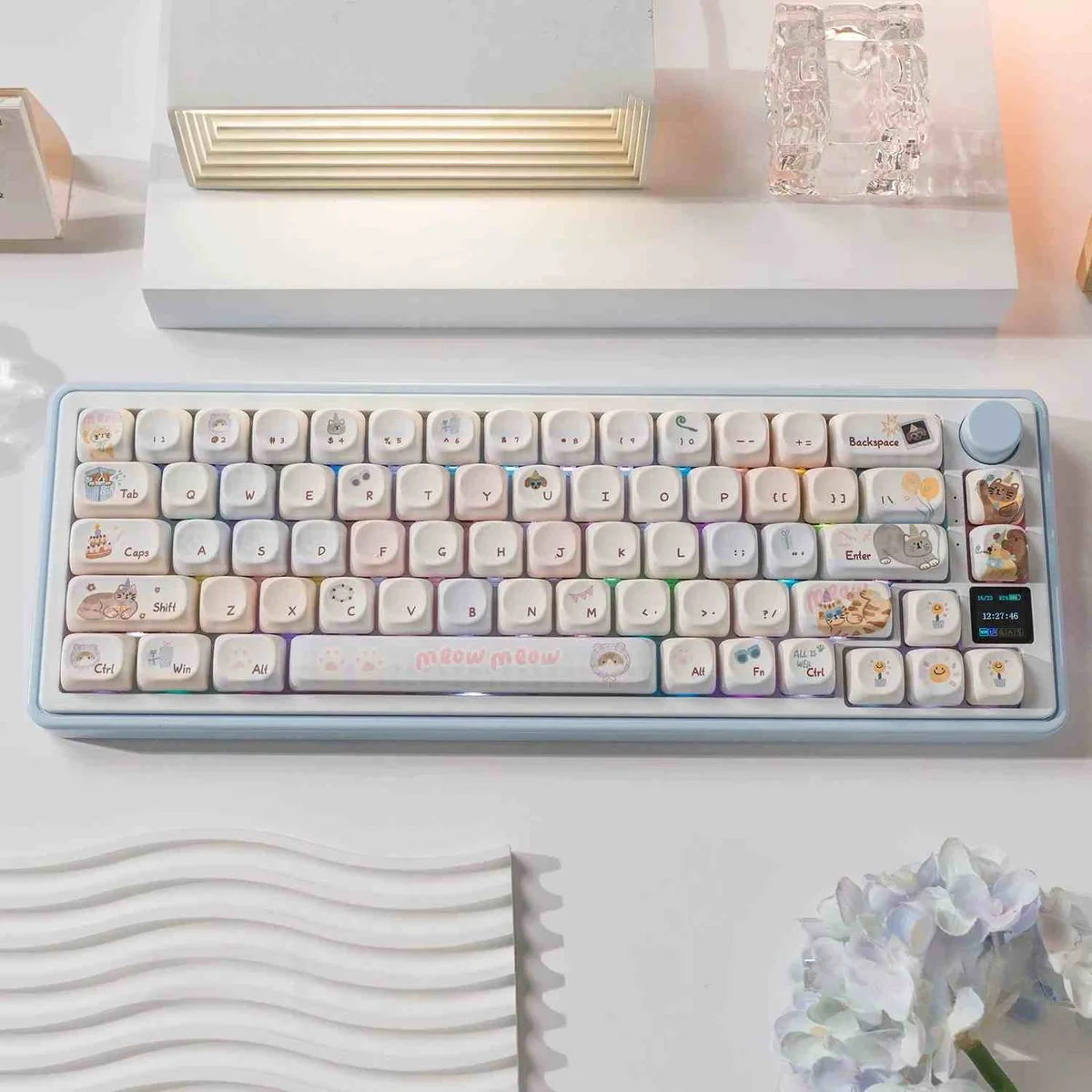 Charming Meow-Woof Paradise PBT Dye-Sub set with whimsical pet illustrations in vibrant pastels, perfect for a playful keyboard.