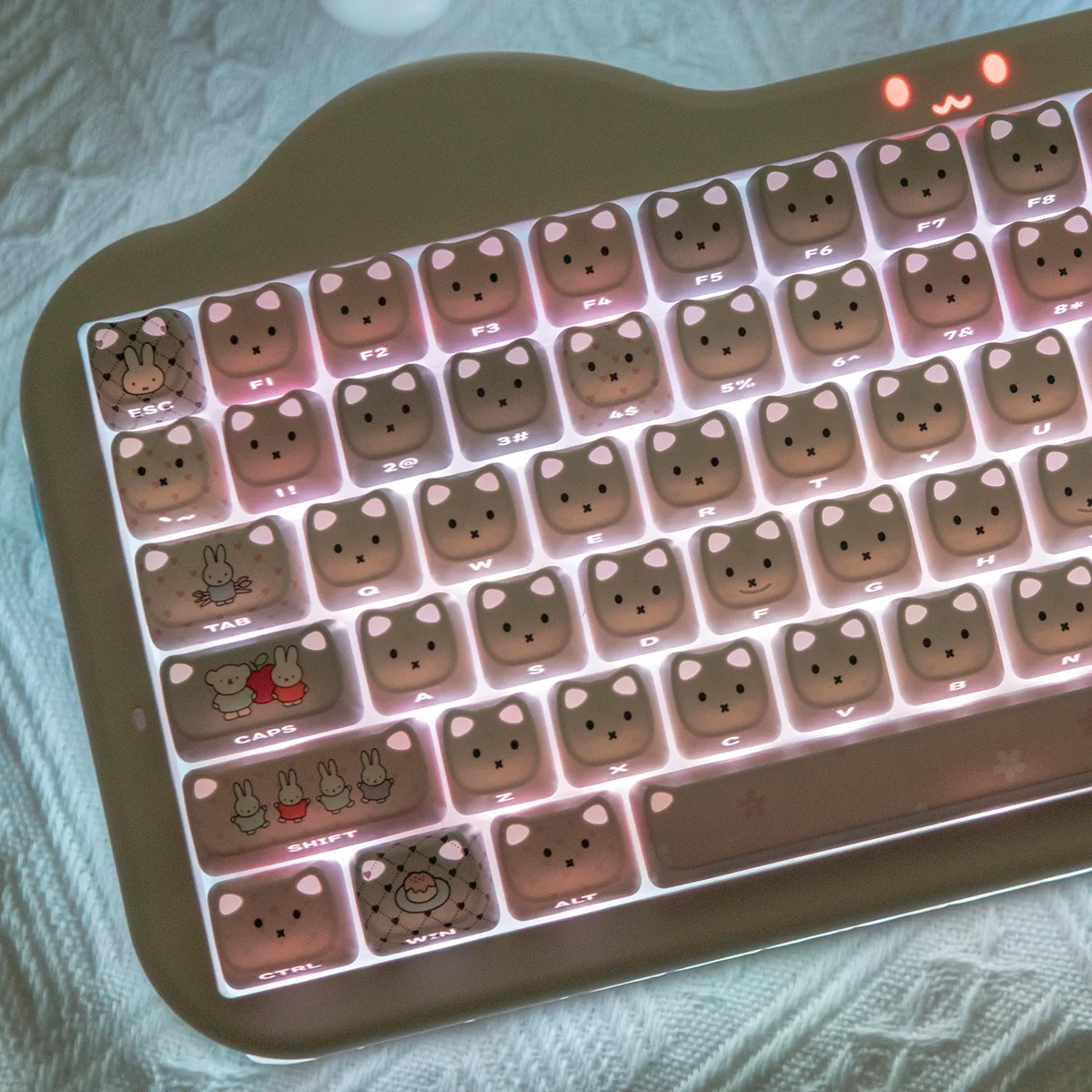 Vibrant Miffy cat ear RGB keycap set, glowing playfully from a unique angle, highlighting its charming design and innovative fun.