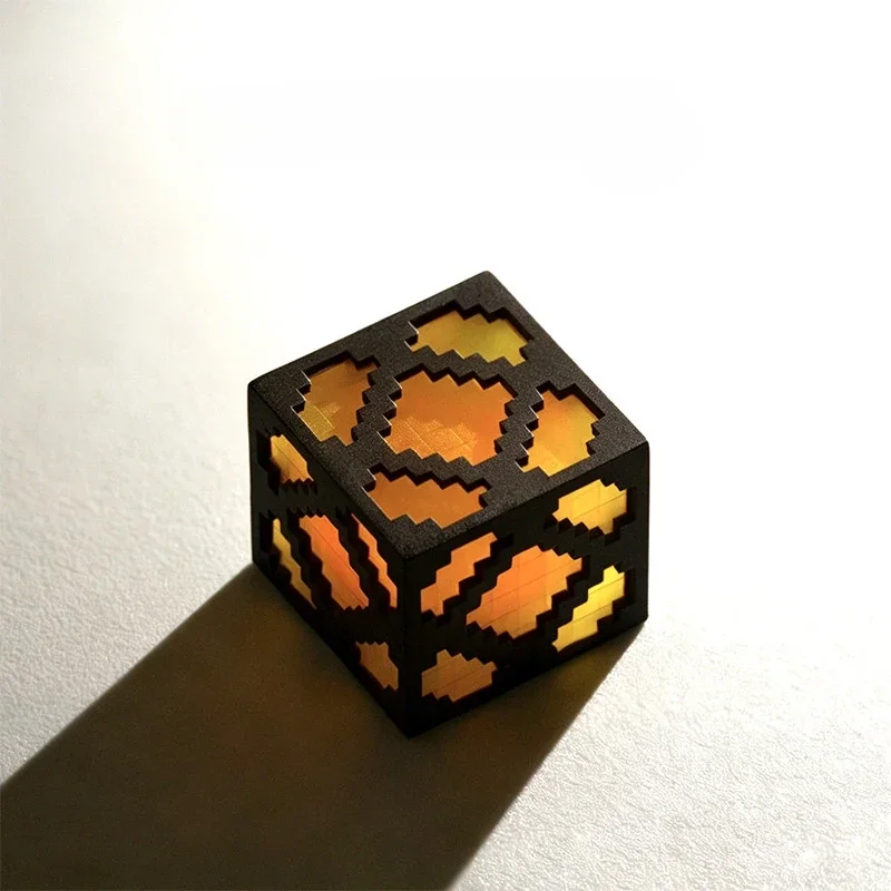 Iconic Minecraft Glowstone keycap, handcrafted from translucent resin with pixelated blocky details, shown from a unique angle, perfect for gaming keyboard.
