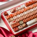 Close-up of The Heart and Rose Oil Painting MOA Keycap Set from various angles, highlighting the vibrant rose artwork and smooth ceramic glaze finish.