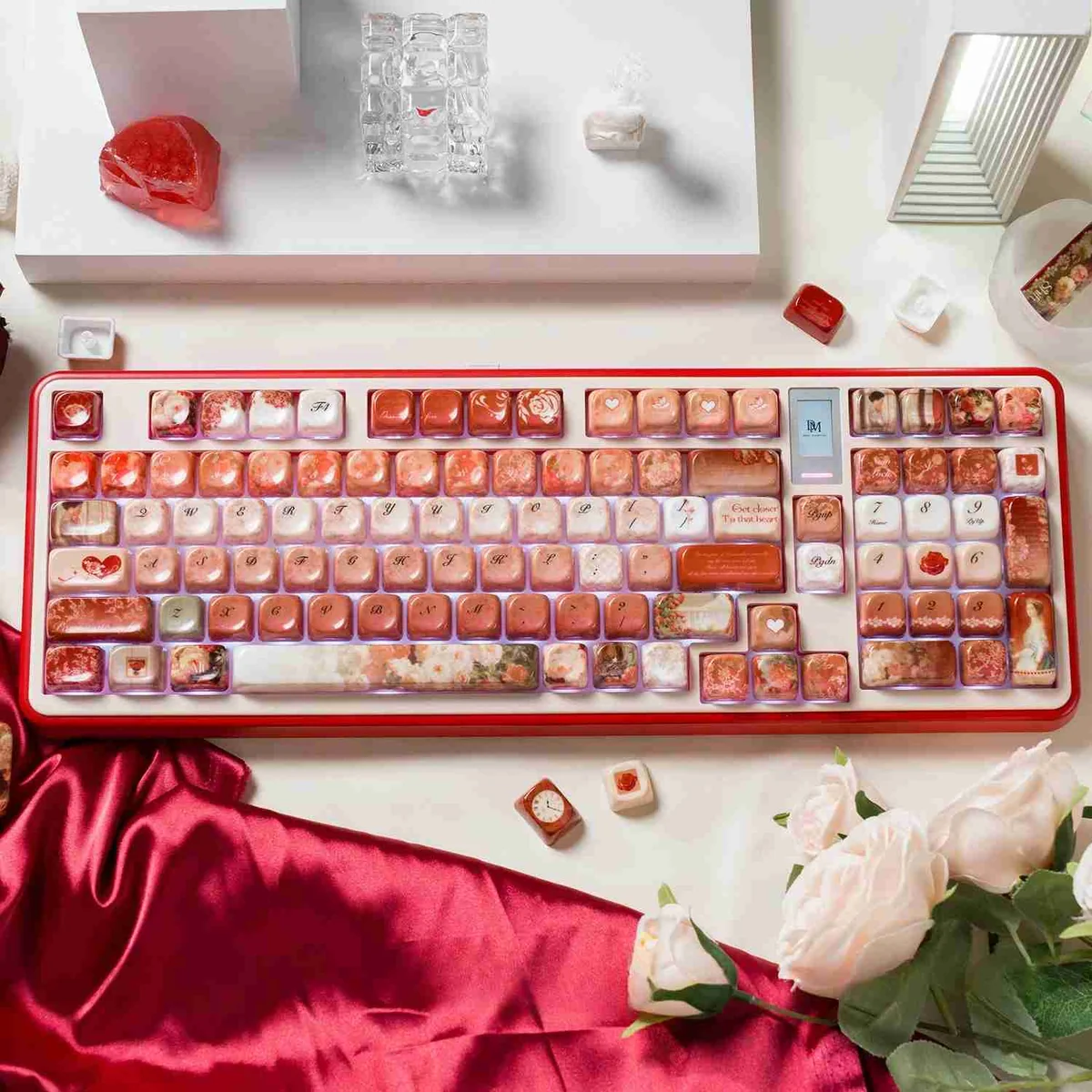 Vibrant The Heart and Rose Oil Painting MOA Keycap Set, showcasing artistic floral designs with a smooth, ceramic-glazed finish on a mechanical keyboard.