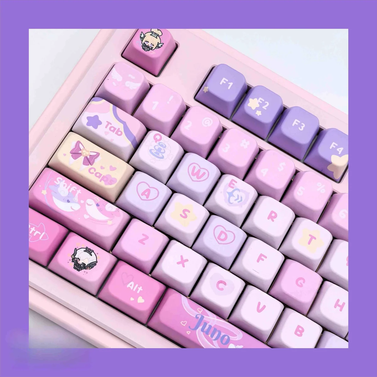 Showcasing the exclusive Overwatch Juno's Spirit MDA PBT gaming keycaps set, vibrant character details.