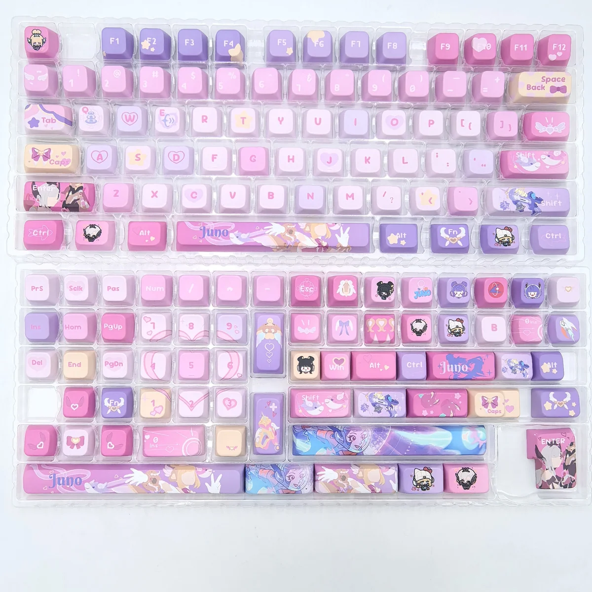 Vibrant Overwatch Juno's Spirit MDA PBT gaming keycaps set, featuring exclusive character art for a playful, futuristic desk setup.