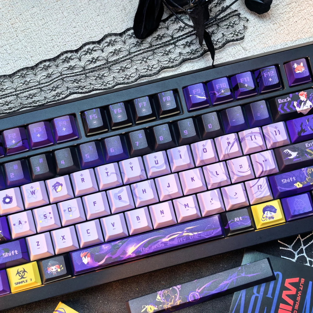 Premium Overwatch Moira PBT dye-sublimated keycaps, showcasing intricate details and futuristic design from various perspectives.