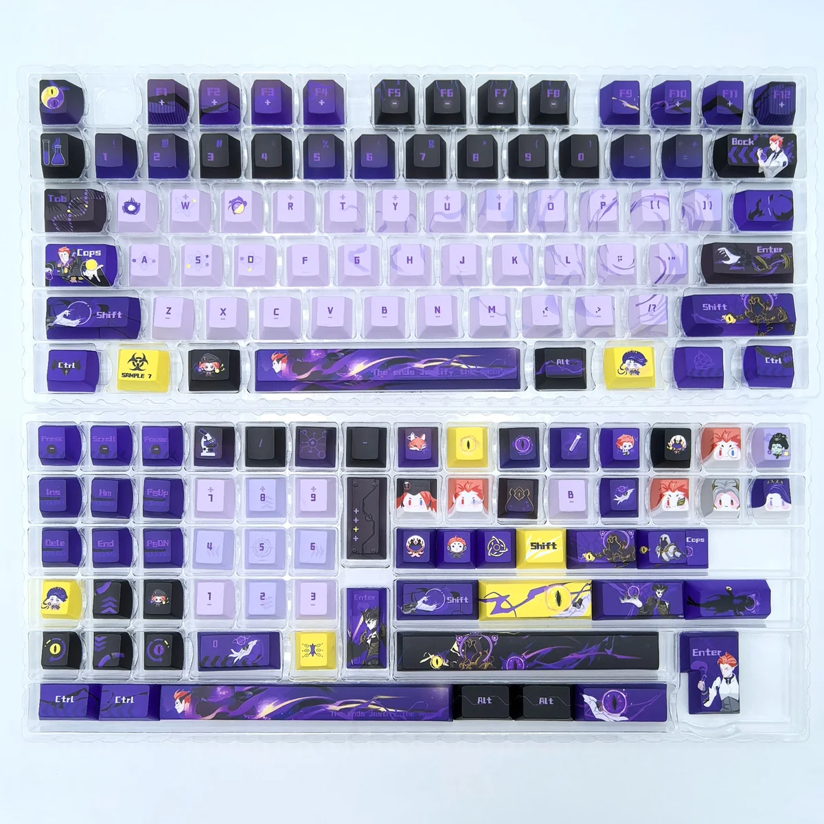 Premium PBT dye-sublimated Overwatch Moira keycap set, showcasing its sophisticated, dark, and futuristic gaming aesthetic on a clean display.