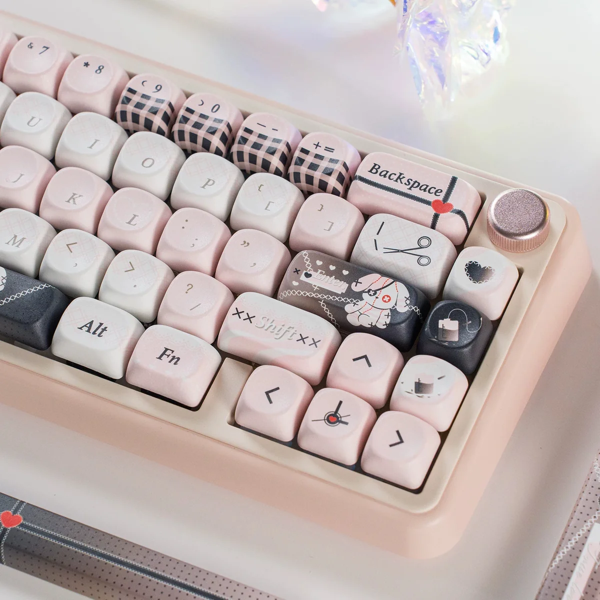 MOA profile pink puppy keycap featuring a charming bandage design, perfect for keyboard enthusiasts seeking cute and playful accessories.