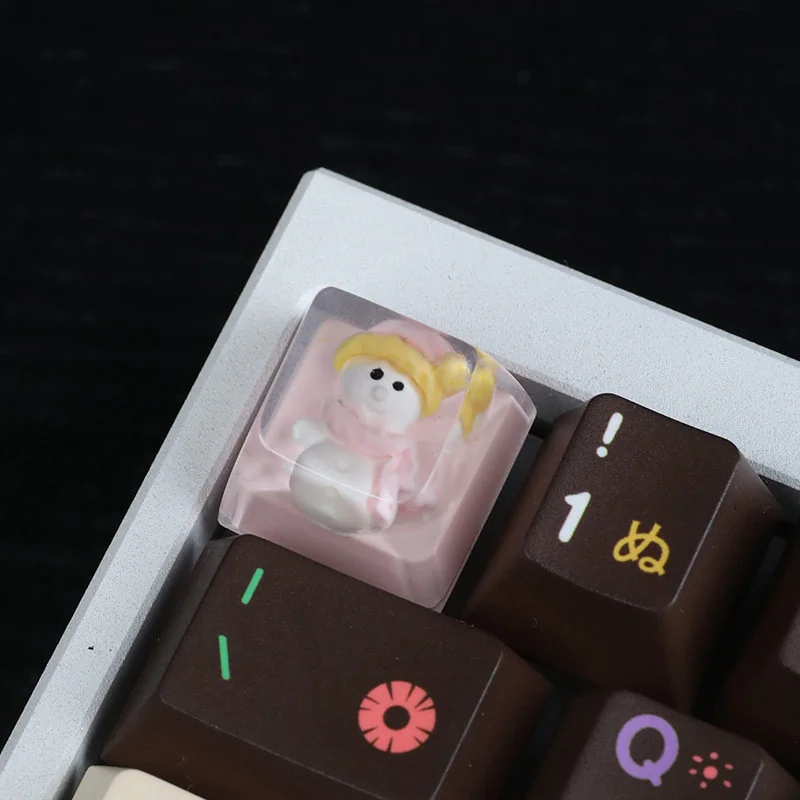 Close-up of a whimsical handcrafted resin snowman artisan keycap, showcasing its intricate details and playful winter design.