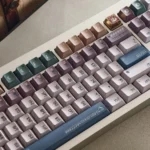 Pixel Tibetan Secret Keycap Set from various angles, revealing unique retro pixel art and mystical ancient Tibetan script legends. An artistic digital artificial.