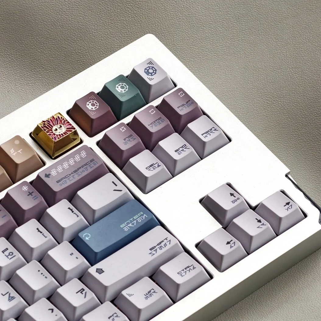 Showcasing the Pixel Tibetan Secret Keycap Set from various angles, highlighting unique retro pixel art and mystical ancient Tibetan script legends.