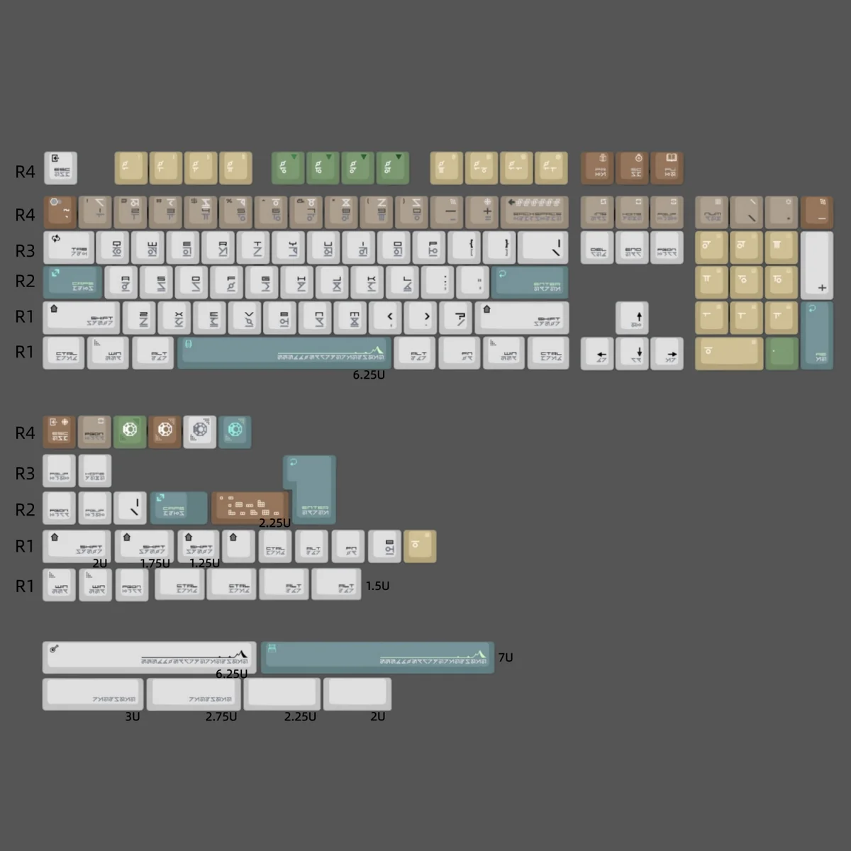 Detailed view of the Pixel Tibetan Secret Keycap Set, highlighting its unique retro pixel art and mystical ancient Tibetan script legends from a fresh angle.