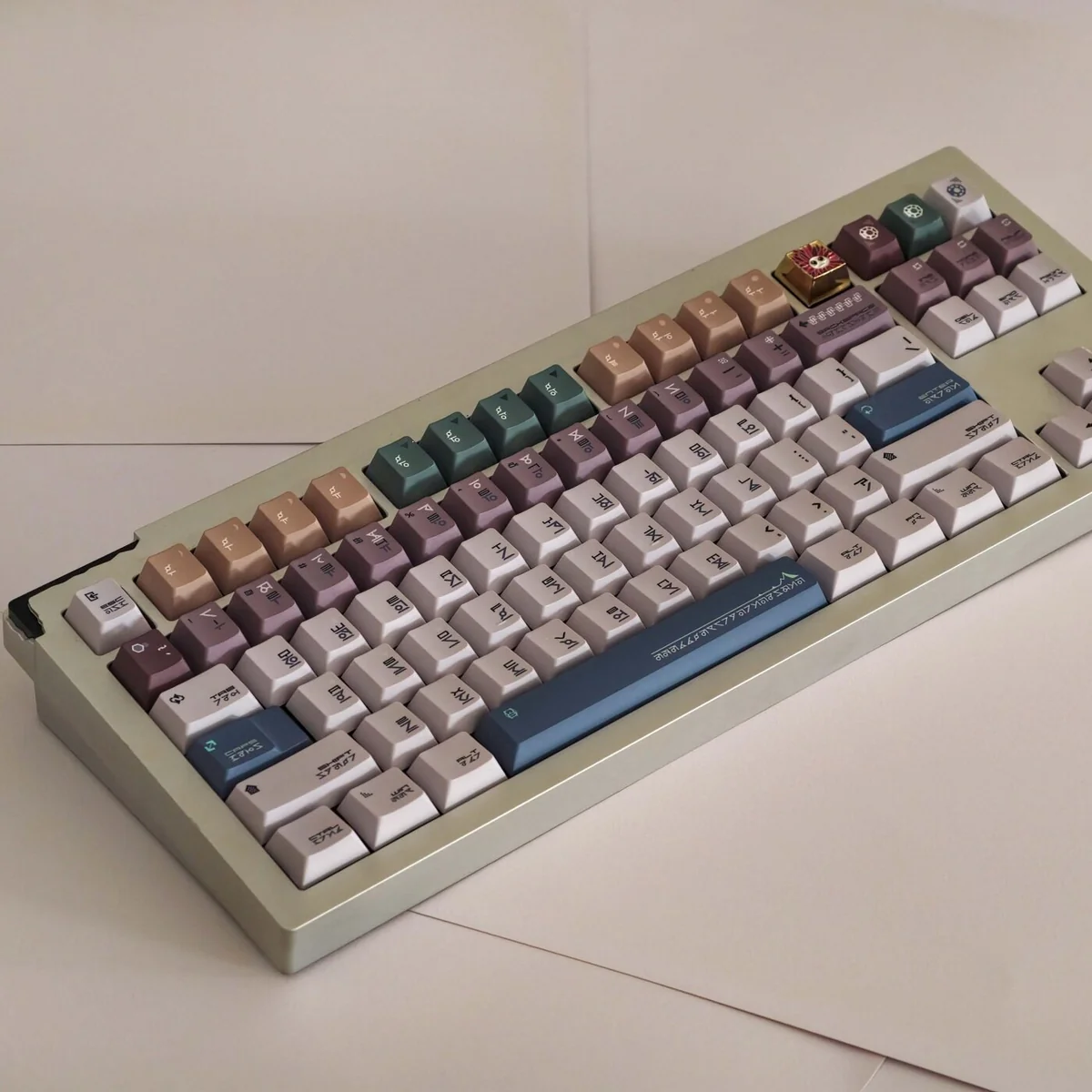 Pixel Tibetan Secret Keycap Set main display, a unique digital artifact art piece. Features retro pixel designs and mystical ancient Tibetan script legends.