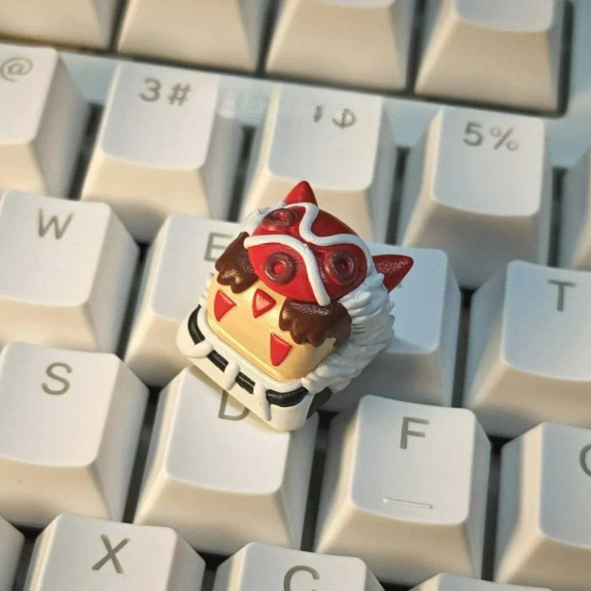 Whimsical San's Spirit Princess Mononoke handcrafted resin keycap, detailed from various angles, highlighting its vibrant artisan craftsmanship.