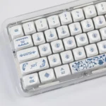 Qinghua Porcelain PBT keycaps set, blue and white. All angles showcase exquisite Chinese patterns for a premium keyboard.