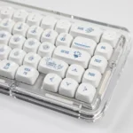 Close-up views of exquisite Qinghua Porcelain PBT keycaps set, showcasing intricate blue and white patterns from multiple angles. These elegant keycaps set.