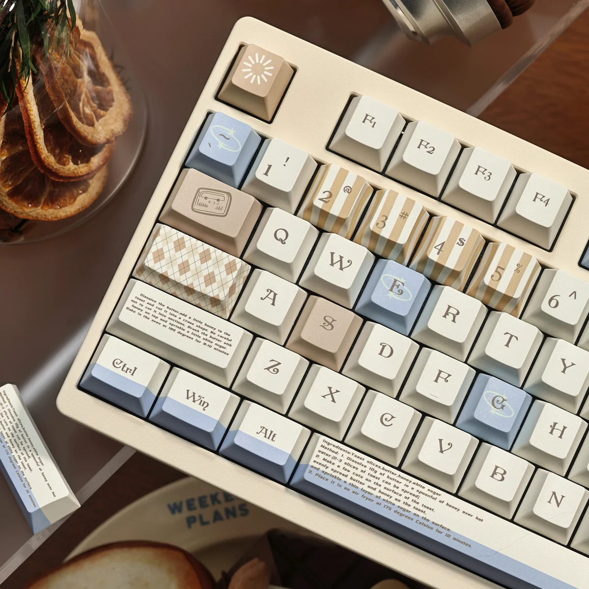 Close-up of Formula PBT Dye-Sub Cherry Keycaps showcasing their durable PBT texture and balanced color scheme from various angles, emphasizing ergonomic.