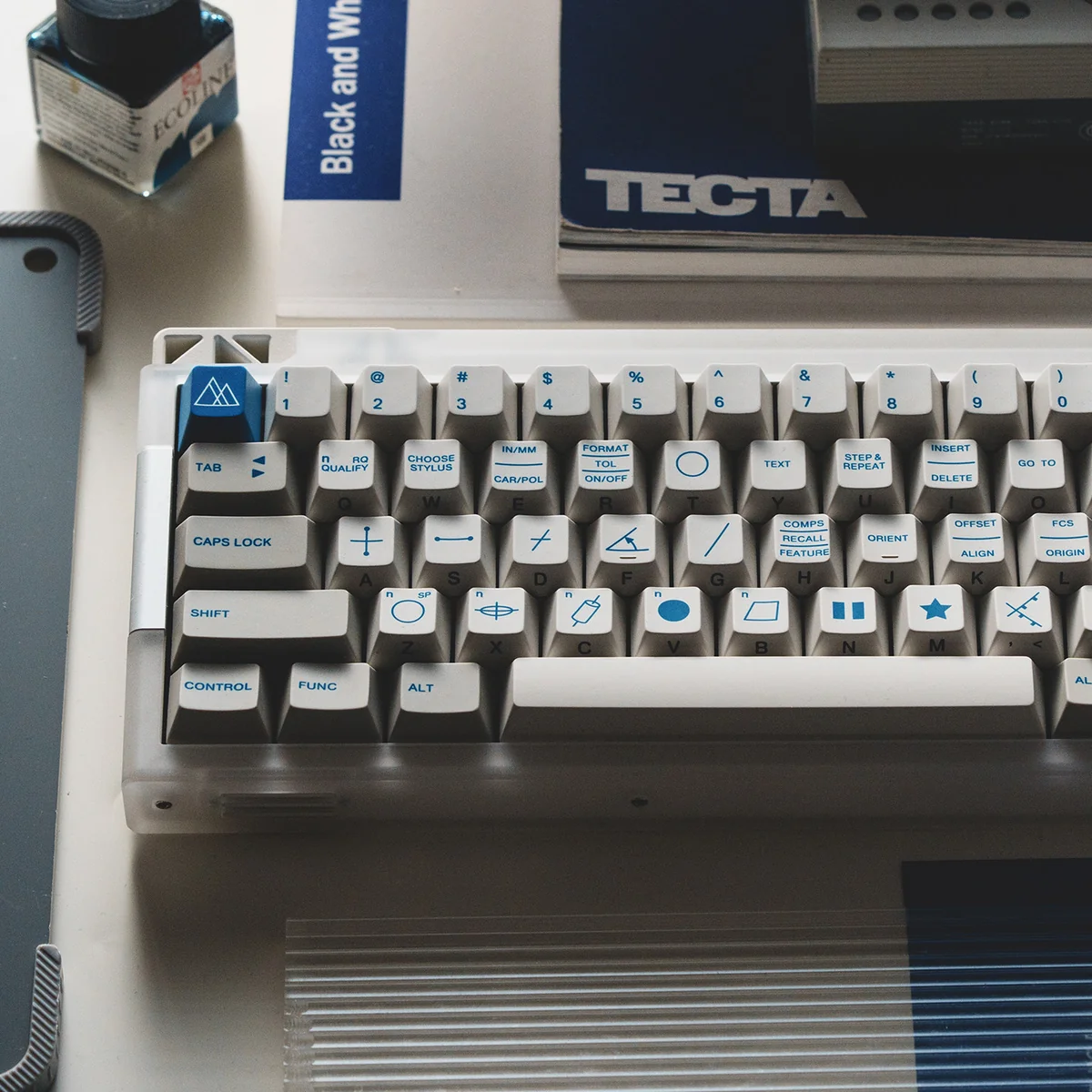 Distinctive Retro Geometric PBT Dye-Sub keycap set, viewed from multiple angles, showcasing classic patterns, vintage aesthetics, and durable matte finish.